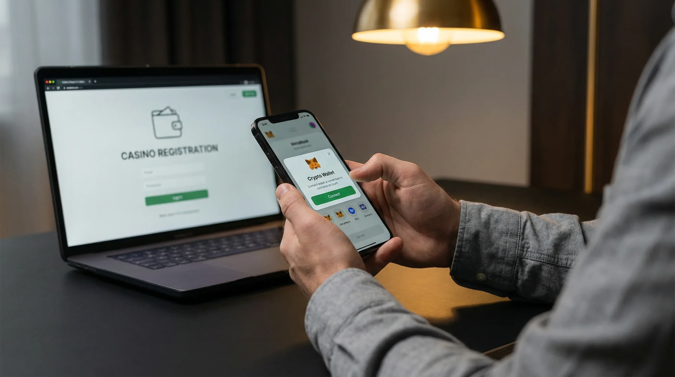 Smartphone displaying a crypto wallet connection screen next to a laptop with a casino lobby