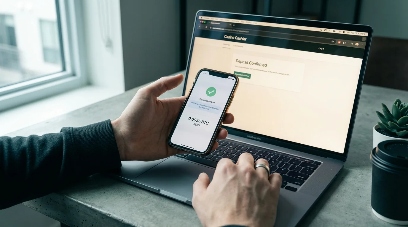 Person holding a phone showing a Bitcoin transaction confirmation, laptop with exchange interface in background
