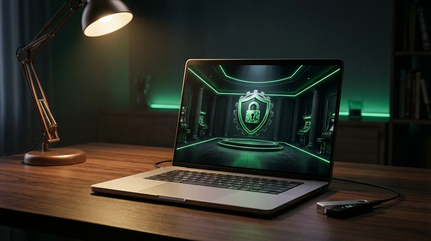 Laptop on a dark desk showing a crypto casino interface with a privacy shield icon, moody lighting