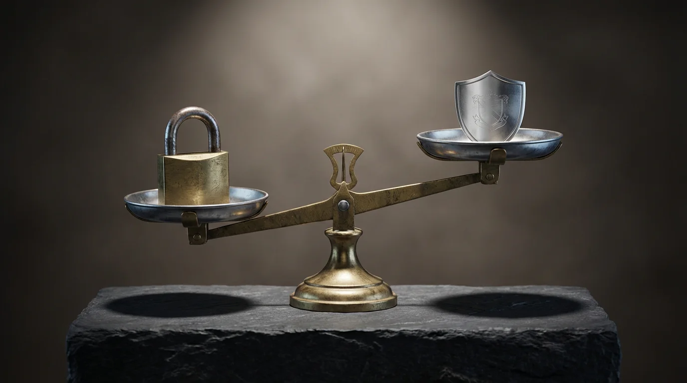 Balanced scale on a desk with a padlock on one side and a shield icon on the other, neutral studio lighting