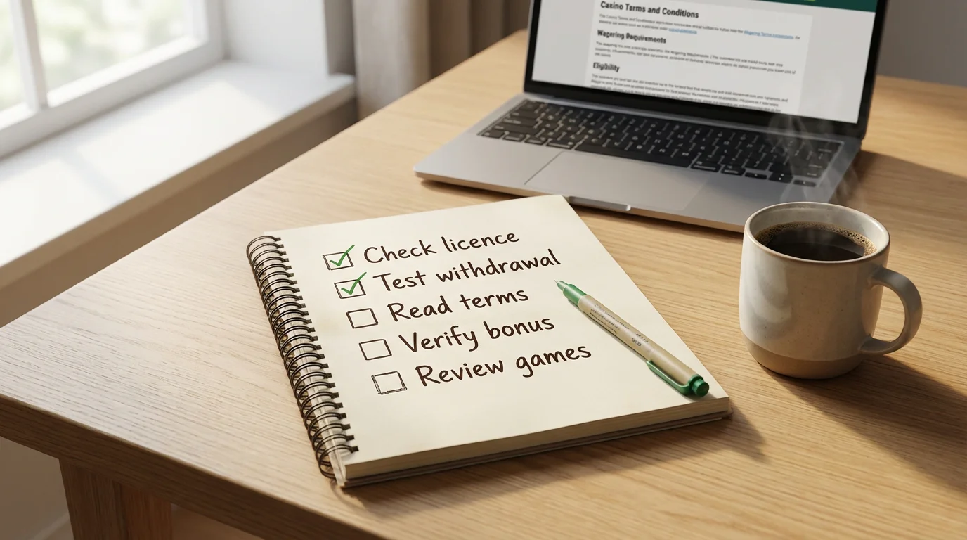 Notebook with a handwritten checklist next to a laptop showing a casino terms page, soft overhead lighting