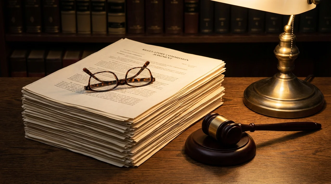 Close-up of official legal documents and a gavel on a wooden desk with warm desk lamp lighting