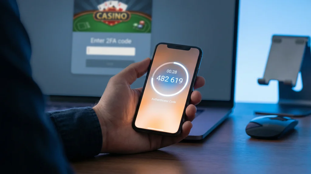 Smartphone displaying a six-digit authenticator code next to a laptop with a casino login screen