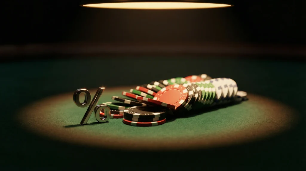 Stack of casino chips next to a percentage symbol on a green felt table under warm overhead light
