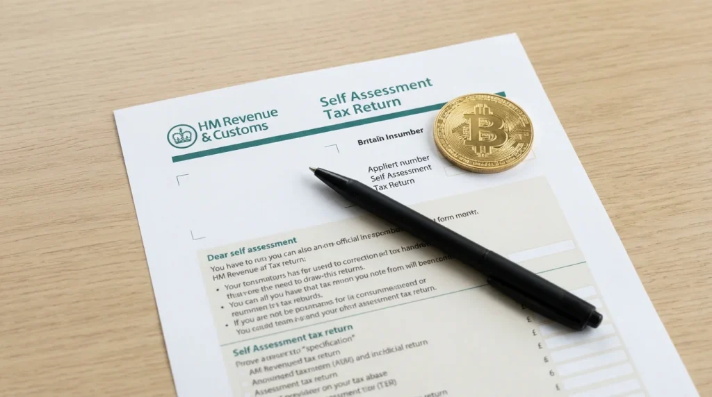 HMRC tax return form on a desk with a pen and a small Bitcoin token placed on top of the paperwork