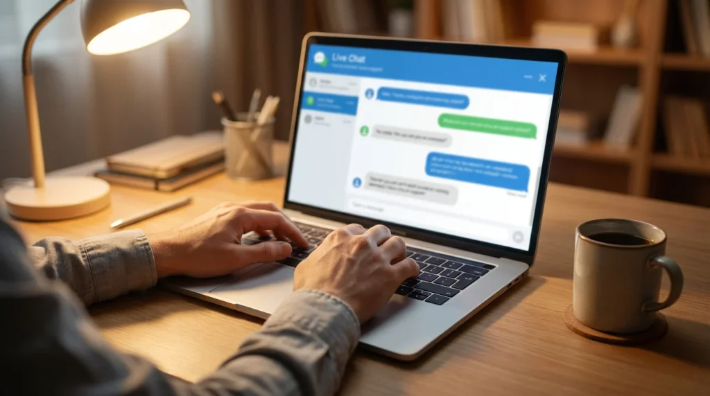 Person typing a live chat message on a laptop screen showing a customer support conversation window
