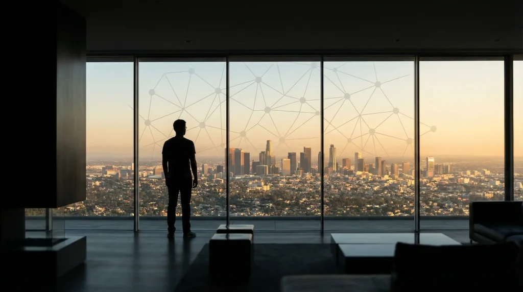 Person looking at a horizon through a large window with blockchain network nodes subtly visible in the glass reflection