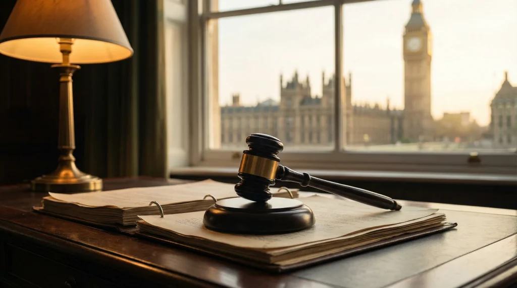 Gavel resting on a legal document with the Houses of Parliament blurred in the background through a window