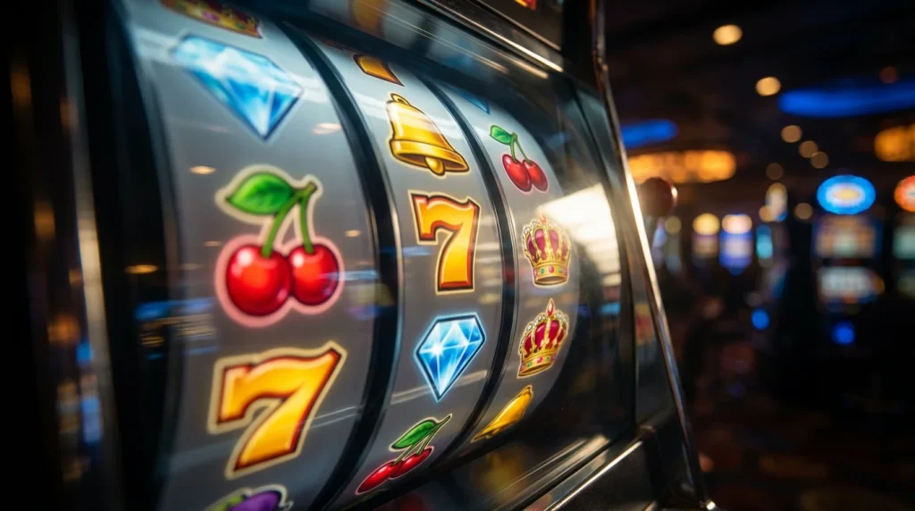 Close-up of a slot machine reel display with colourful game symbols in a dimly lit casino setting