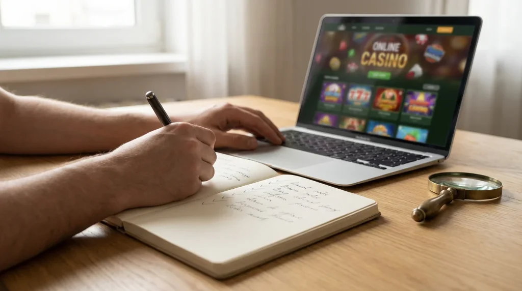 Person reviewing a casino website on laptop with a checklist and notepad on the desk