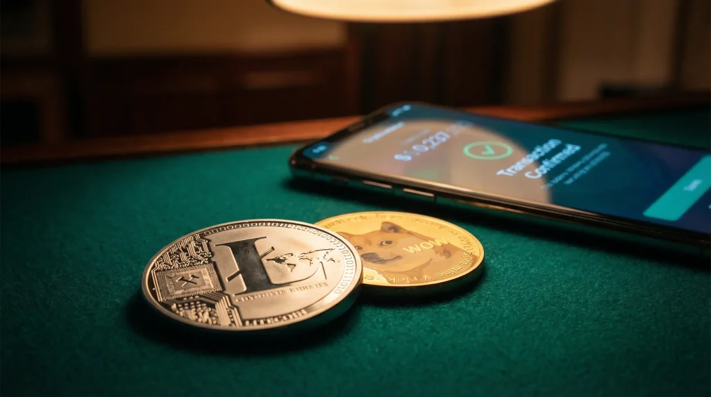 Litecoin and Dogecoin coins on a casino felt table with crypto wallet on smartphone screen