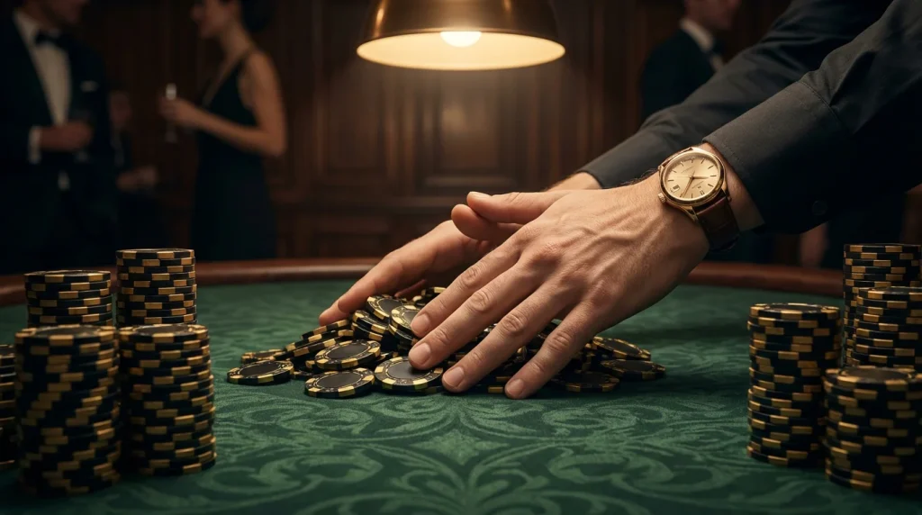VIP casino table with large stacks of chips and a single player