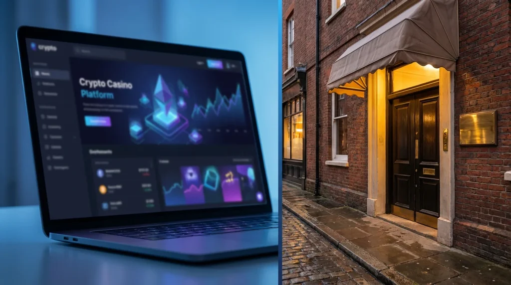 Split image of two casino scenes — a sleek crypto casino interface on one side and a traditional UK casino entrance on the other