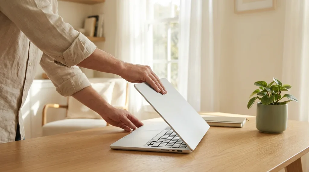 Person closing a laptop lid with a determined expression in a calm home office setting
