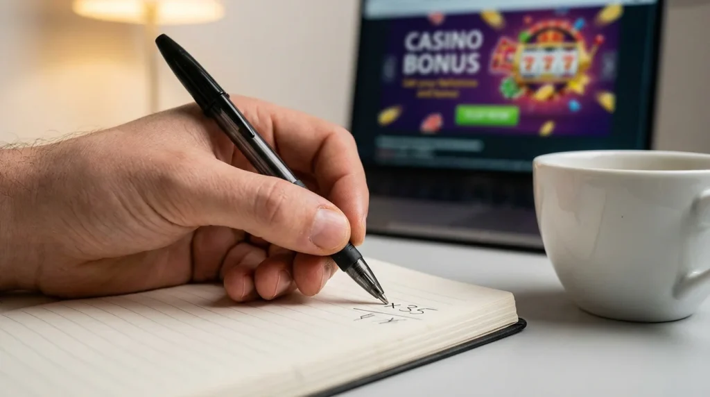 Pen and notebook with handwritten wagering calculations next to a laptop showing a casino bonus page