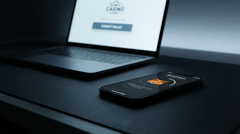 Smartphone displaying MetaMask wallet connection prompt next to a laptop with a casino login page